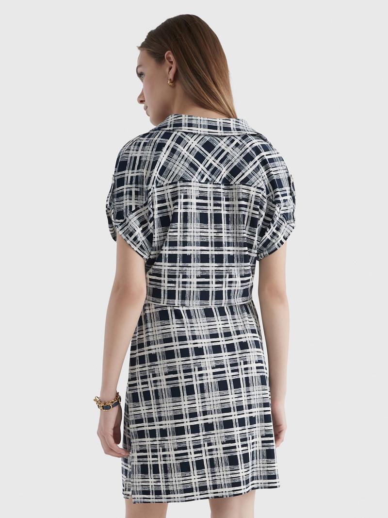 Női Tommy Hilfiger Rövid-Sleeve Plaid Shirtdress Dresses Kék Fehér | HU 115WNB